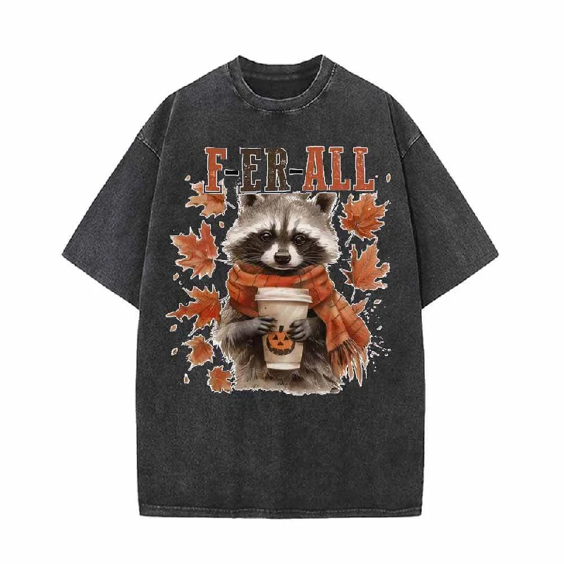 Ferall Raccoon Maple Leaf Vintage Washed T-shirt-- Striped Floral Plaid