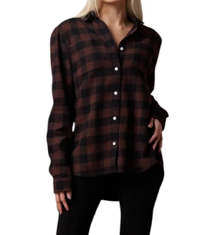 Shiloh Unisex Plaid Shirt In Espresso-- Solid Print Embellished