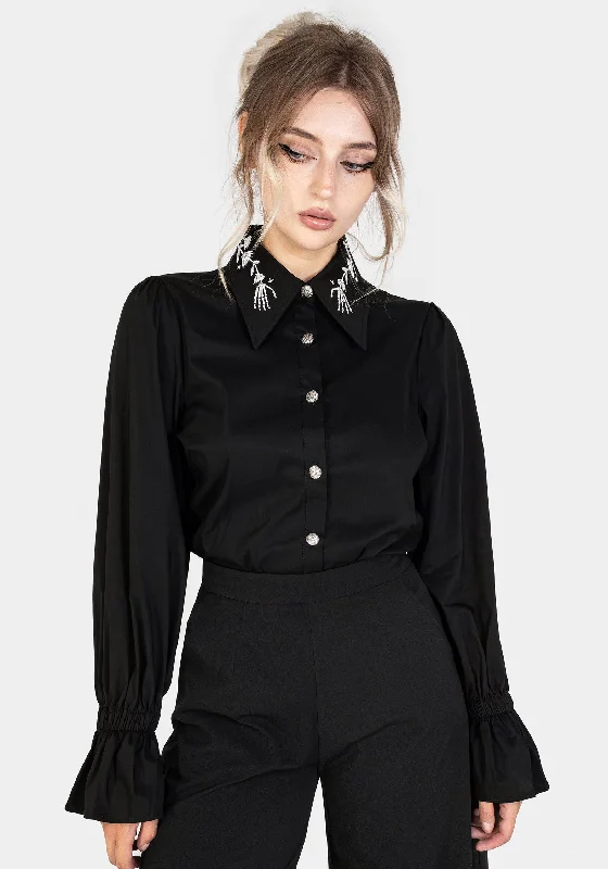 Tempora Embroidered Button Up Shirt - Black-- Front Pockets Side Pockets Patch Pockets Tempora Embroidered Button Up Shirt - Black-- Front Pockets Side Pockets Patch Pockets