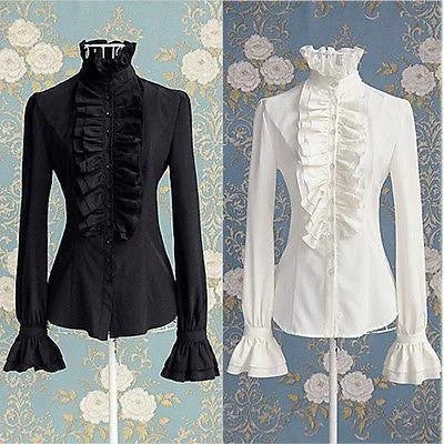 Victorian Women OL Office Lady Shirt High Neck Frilly Ruffle Cuffs Shirt Blouse-- Oversized T-Shirt Spandex breathable Victorian Women OL Office Lady Shirt High Neck Frilly Ruffle Cuffs Shirt Blouse-- Oversized T-Shirt Spandex breathable