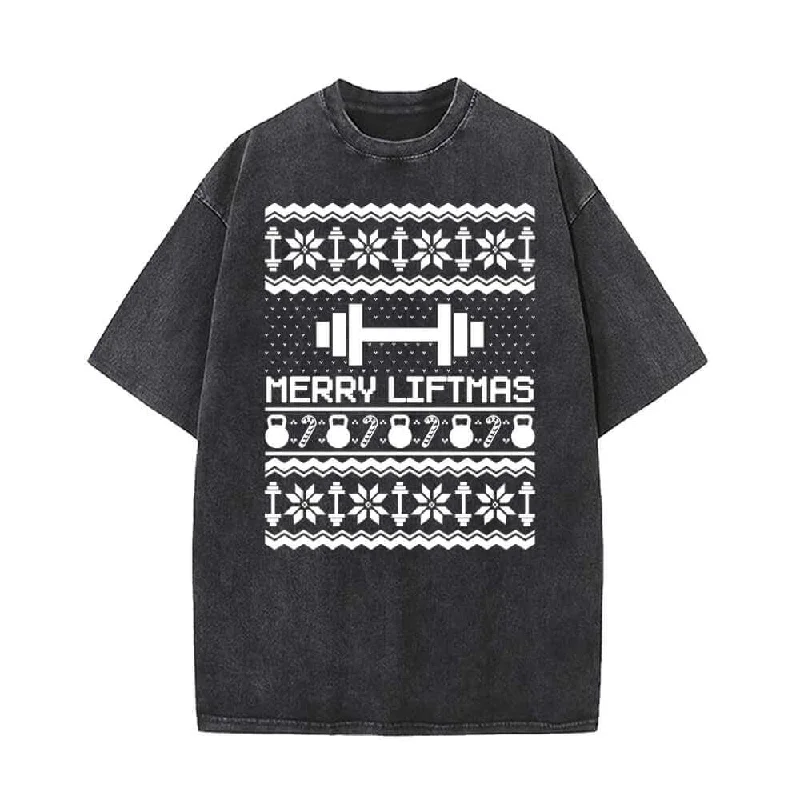 Merry Liftmas Dumbbell Pattern Vintage Washed T-shirt-- Asymmetrical Pockets Print