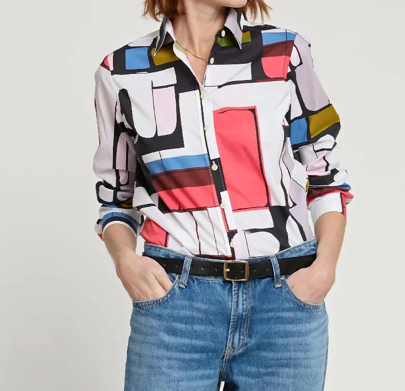 Long Sleeve Reese Shirt In Abstract Geo Print-- Fleece Fabric Down Fabric Feather Fabric Long Sleeve Reese Shirt In Abstract Geo Print-- Fleece Fabric Down Fabric Feather Fabric
