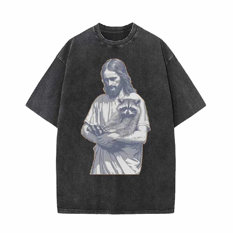 Jesus Hold Raccoon Vintage Washed T-shirt-- Anti-Pilling Machine Wash Handmade