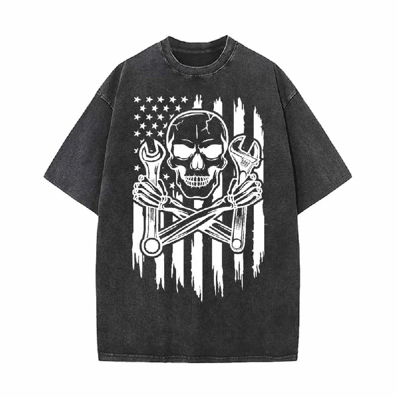 Skull Mechanic Wrenches US Flag Vintage Washed T-shirt-- Chenille Blend Fleece Blend Nylon Blend Skull Mechanic Wrenches US Flag Vintage Washed T-shirt-- Chenille Blend Fleece Blend Nylon Blend