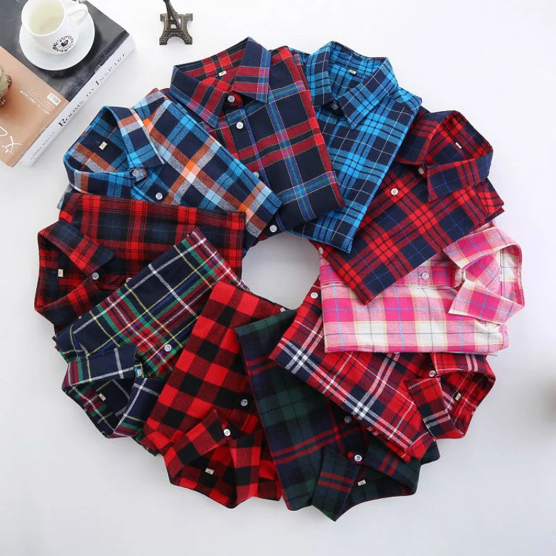 Fashion Plaid Shirt Female College style women's Blouses Long Flannel Shirt Plus Size Cotton Office tops-- Boxy Fit Fitted Loose