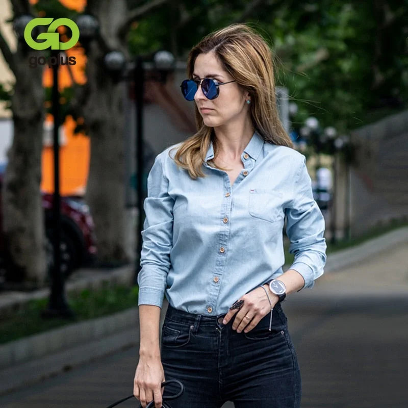 GOPLUS Women's Shirt Blue Blouse Clothing for Women Tops 2019 Turn Down Collar Denim Blouses Cotton Shirts Haut Chemise Femme-- Welt Pockets Slit Pockets Flap Pockets GOPLUS Women's Shirt Blue Blouse Clothing for Women Tops 2019 Turn Down Collar Denim Blouses Cotton Shirts Haut Chemise Femme-- Welt Pockets Slit Pockets Flap Pockets