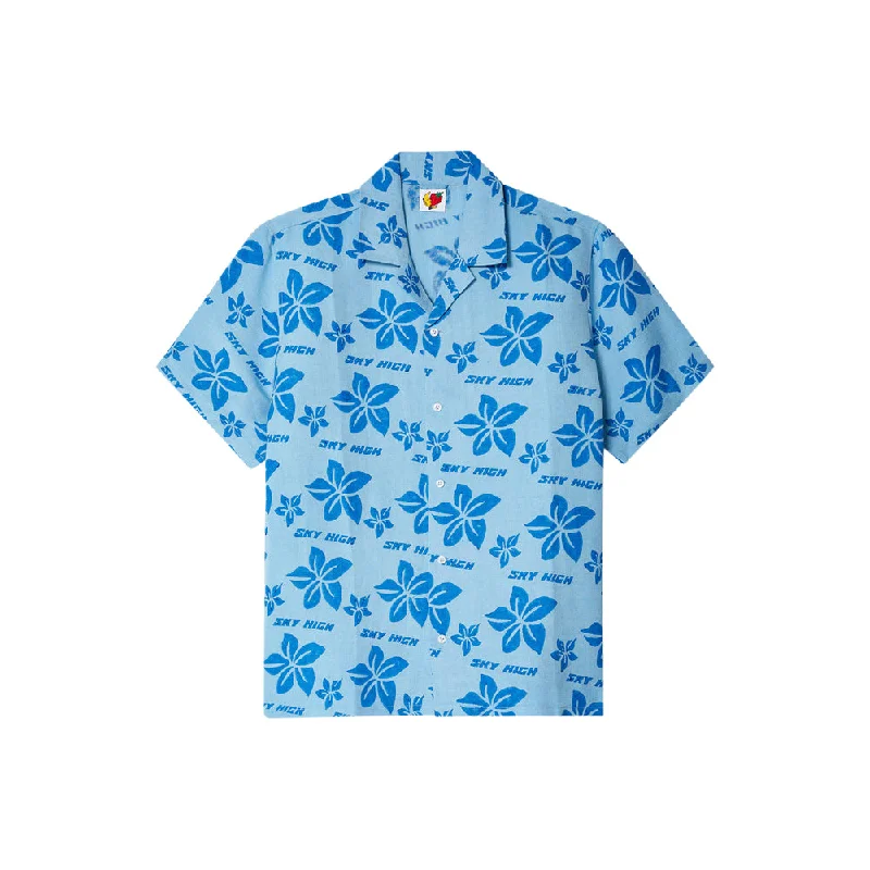Hand Block Print Hawaiian Shirt Woven (Blue)-- Hooded Caped Shawl Collar