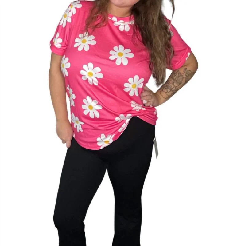 Daisy Printed Crewneck T Shirt In Pink-- V-Neck T-Shirt Long Sleeve Cotton