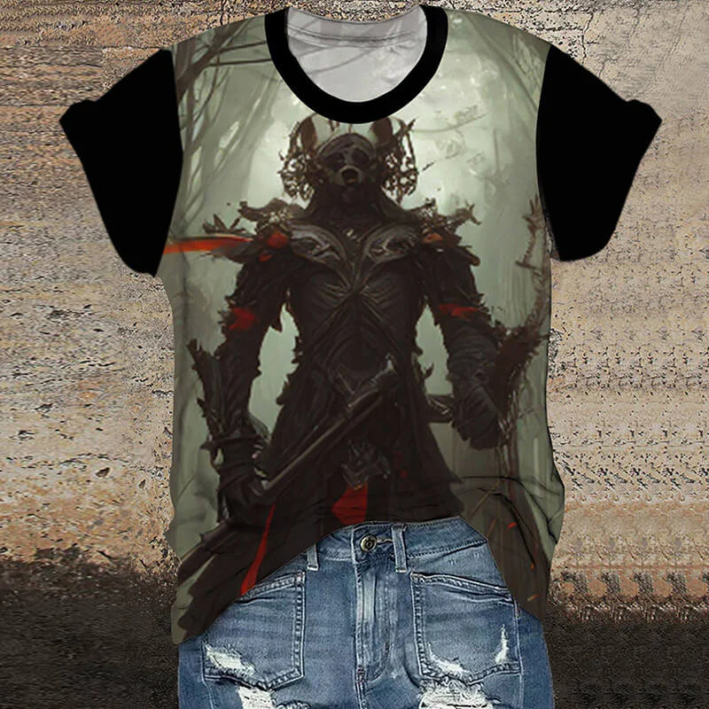 Gothic Dark Future Round Neck T-Shirt-- Welt Pockets Slit Pockets Flap Pockets