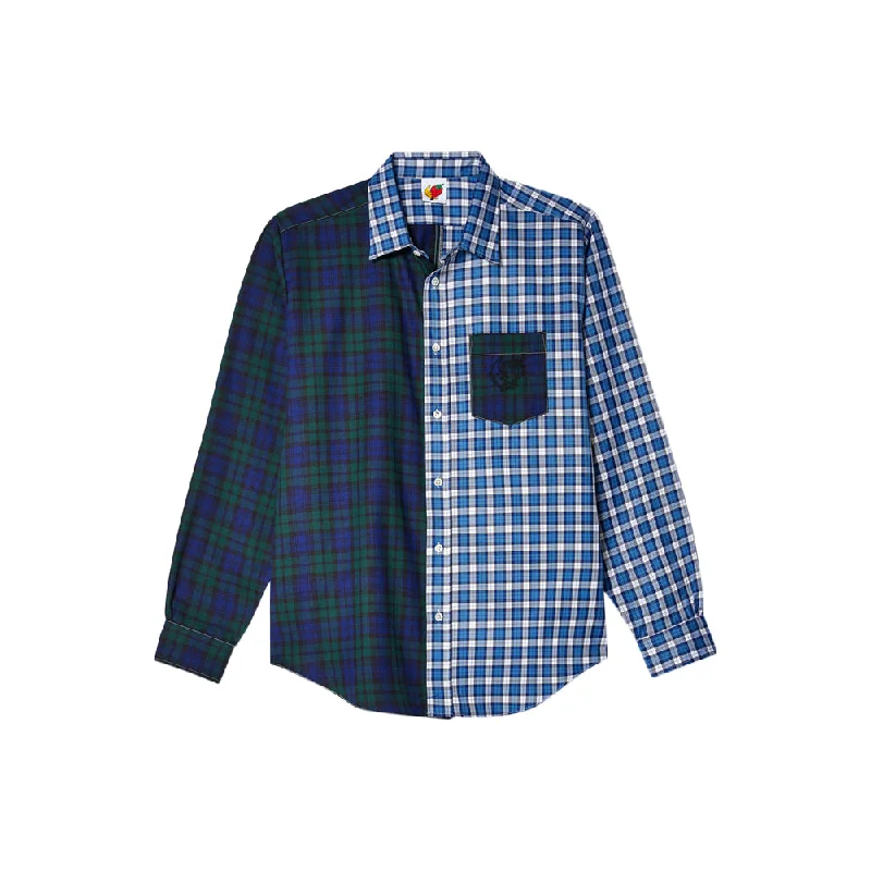 Split Button Down Shirt Woven (Green/Blue)-- Collared Crew Neck Turtle Neck