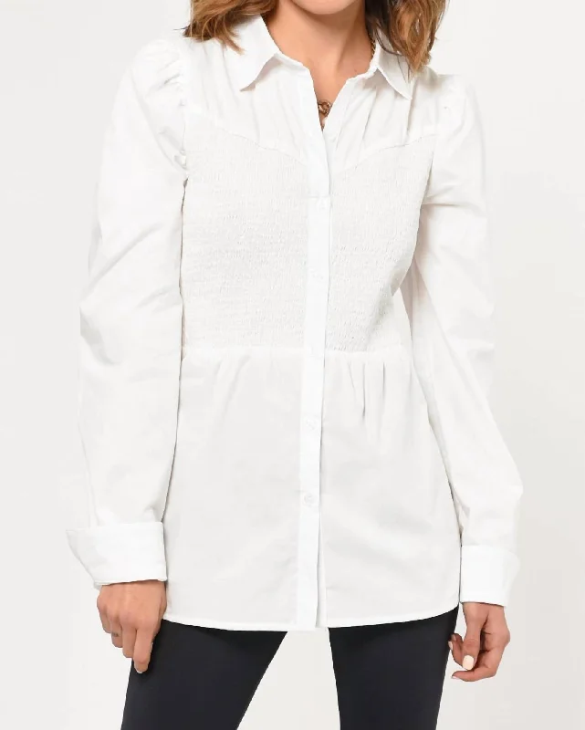 Jenny Smocked Poplin Shirt In White-- Sequined Glittery Shiny