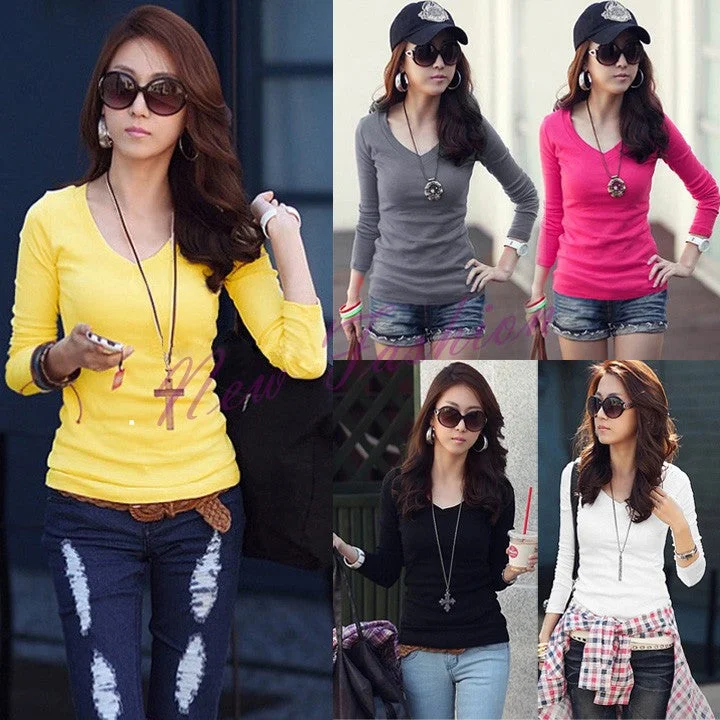Fashion Women's Girls Basic V-Neck Long Sleeve T-shirt Bottoming Shirt Top-- Elasticated Padded Insulated Fashion Women's Girls Basic V-Neck Long Sleeve T-shirt Bottoming Shirt Top-- Elasticated Padded Insulated
