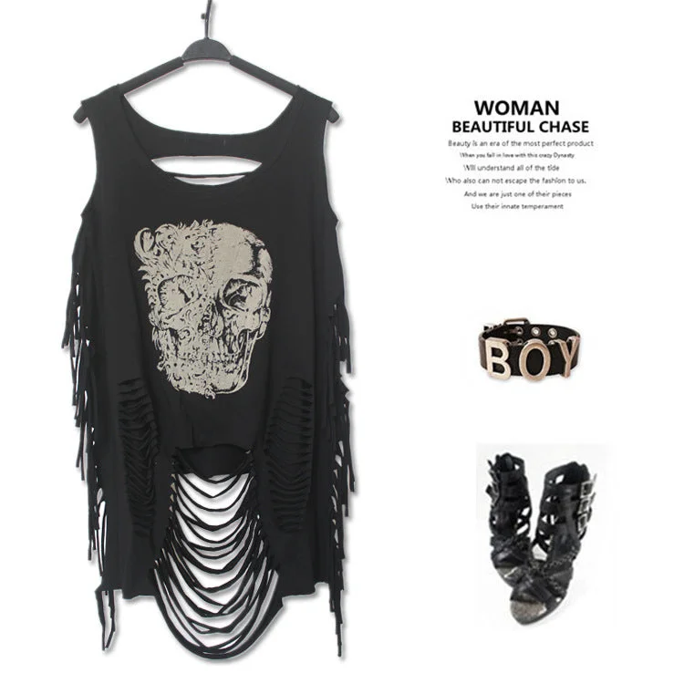 PUNK ROCK Summer Women New Fashion T-shirt Print Skull Off The Shoulder Tassel Retro Personalized Casual Tshirt Women's Clothing-- Handmade Hand-knitted Hand-woven PUNK ROCK Summer Women New Fashion T-shirt Print Skull Off The Shoulder Tassel Retro Personalized Casual Tshirt Women's Clothing-- Handmade Hand-knitted Hand-woven