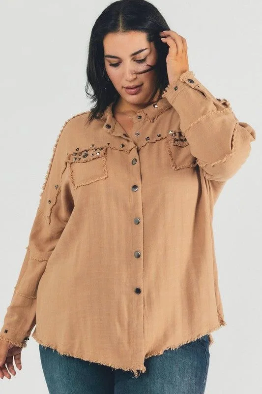 Davi & Dani | PLUS Distressed hem button down oversize shirt-- Anti-Shrink Durable Soft Davi & Dani | PLUS Distressed hem button down oversize shirt-- Anti-Shrink Durable Soft