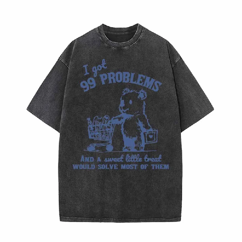 I Got 99 Problems Bear Print Vintage Washed T-shirt-- Mesh Canvas Denim