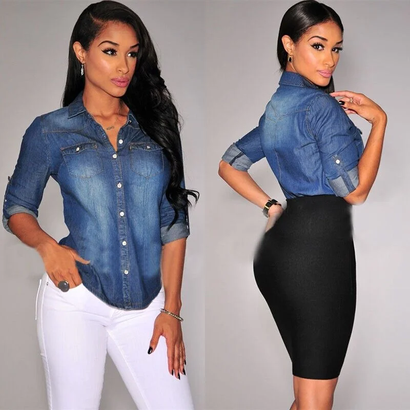 Meihuida Newest Casual Women's Denim Blouse Spring Long Sleeve Loose Slim Fit Jeans Shirt Female Denim Clothing Women's Blouses-- Houndstooth Herringbone Solid Meihuida Newest Casual Women's Denim Blouse Spring Long Sleeve Loose Slim Fit Jeans Shirt Female Denim Clothing Women's Blouses-- Houndstooth Herringbone Solid