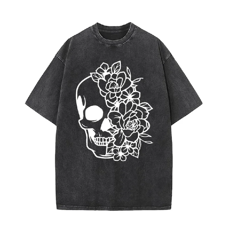 Half Face Skeleton Flower Vintage Washed T-shirt-- Solid Color Striped Floral