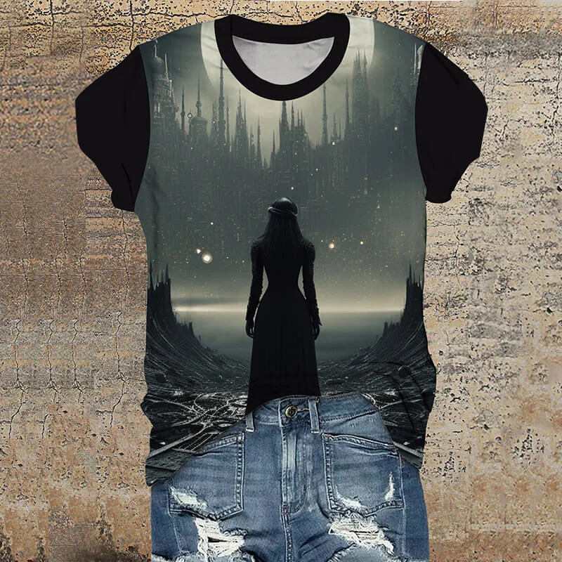 Gothic Female Warrior Short Sleeve T-Shirt-- Mesh Blend Leather Blend Suede Blend