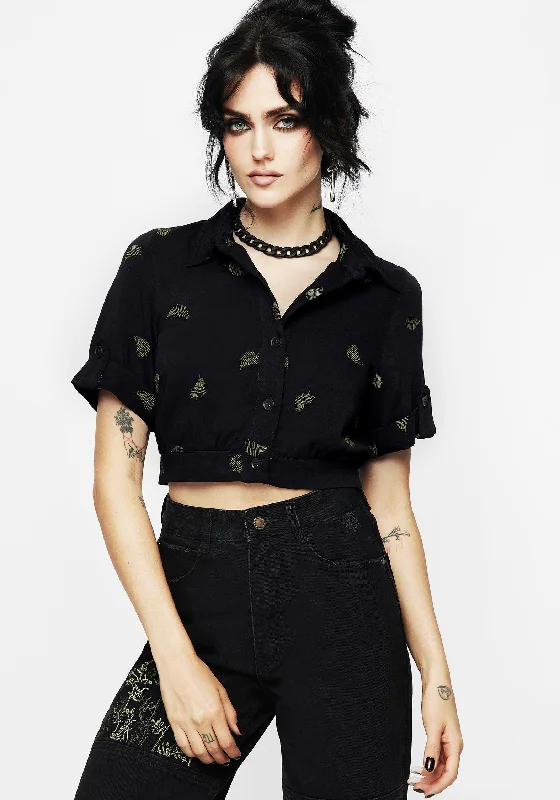 Osmunda Fern Embroidered Short Sleeve Crop Shirt-- Fleece Nylon Spandex