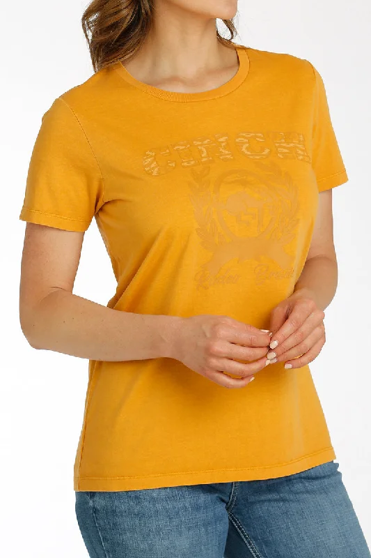 Women's Cinch Graphic Tee Shirt- Gold-- Rayon Fabric Velvet Fabric Corduroy Fabric