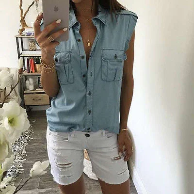 Denim Shirt Women Sleeveless Blouse Turn Down Collar Blouses For Women Blue Tops Womens Shirts Jeans-- Front Pockets Side Pockets Patch Pockets Denim Shirt Women Sleeveless Blouse Turn Down Collar Blouses For Women Blue Tops Womens Shirts Jeans-- Front Pockets Side Pockets Patch Pockets