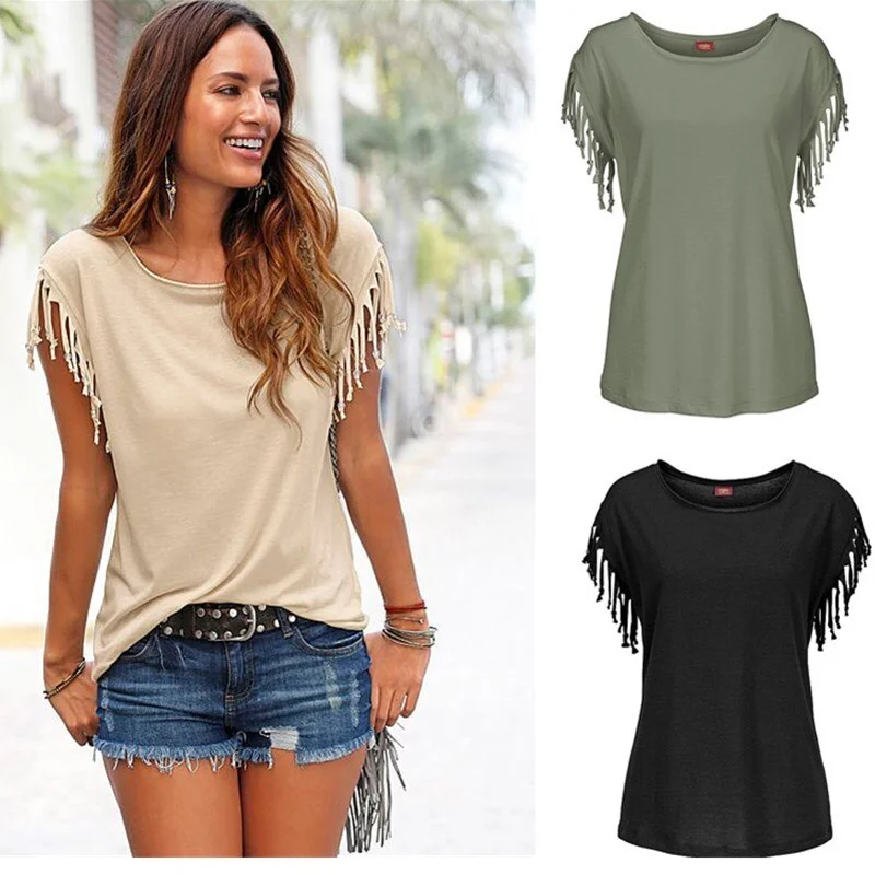Oufisun 2020 Summer Fashion Women T-shirt Patchwork Solid Color Tassel Short Sleeve Casual Tops O-neck Women's Clothing T-shirts-- Rayon Velvet Corduroy Oufisun 2020 Summer Fashion Women T-shirt Patchwork Solid Color Tassel Short Sleeve Casual Tops O-neck Women's Clothing T-shirts-- Rayon Velvet Corduroy