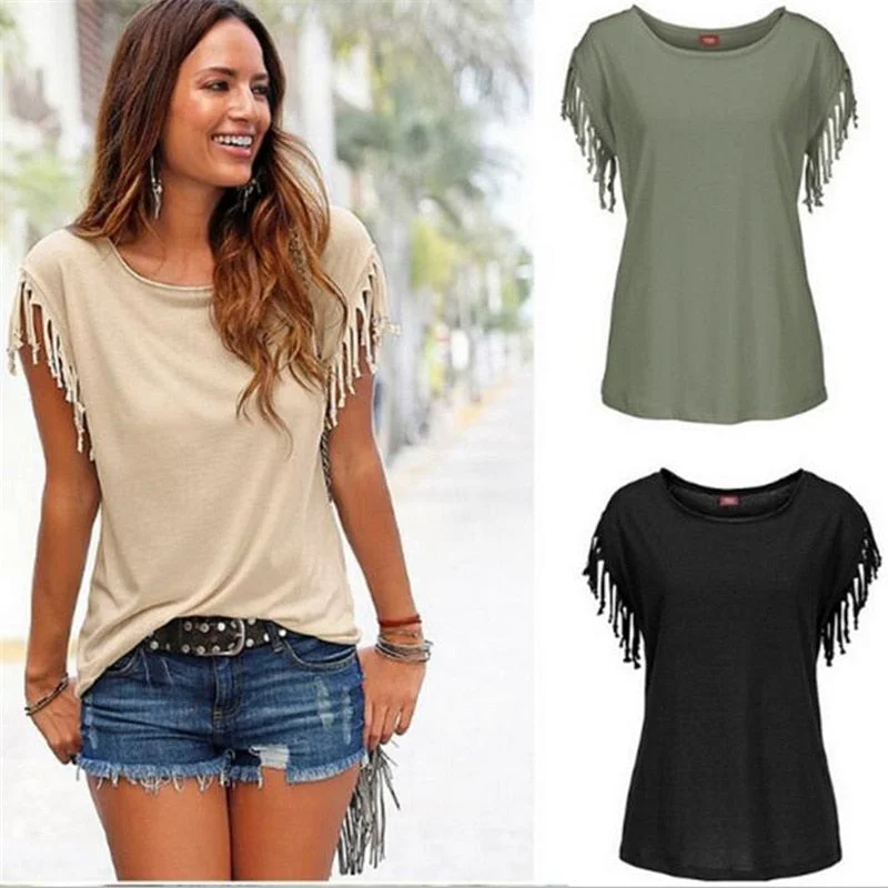 Women Cotton Tassel Casual T-shirt Sleeveless Solid Color Tees Short Sleeve O-neck Women's Clothing t shirt hot sales in 2019-- Striped Floral Plaid Women Cotton Tassel Casual T-shirt Sleeveless Solid Color Tees Short Sleeve O-neck Women's Clothing t shirt hot sales in 2019-- Striped Floral Plaid