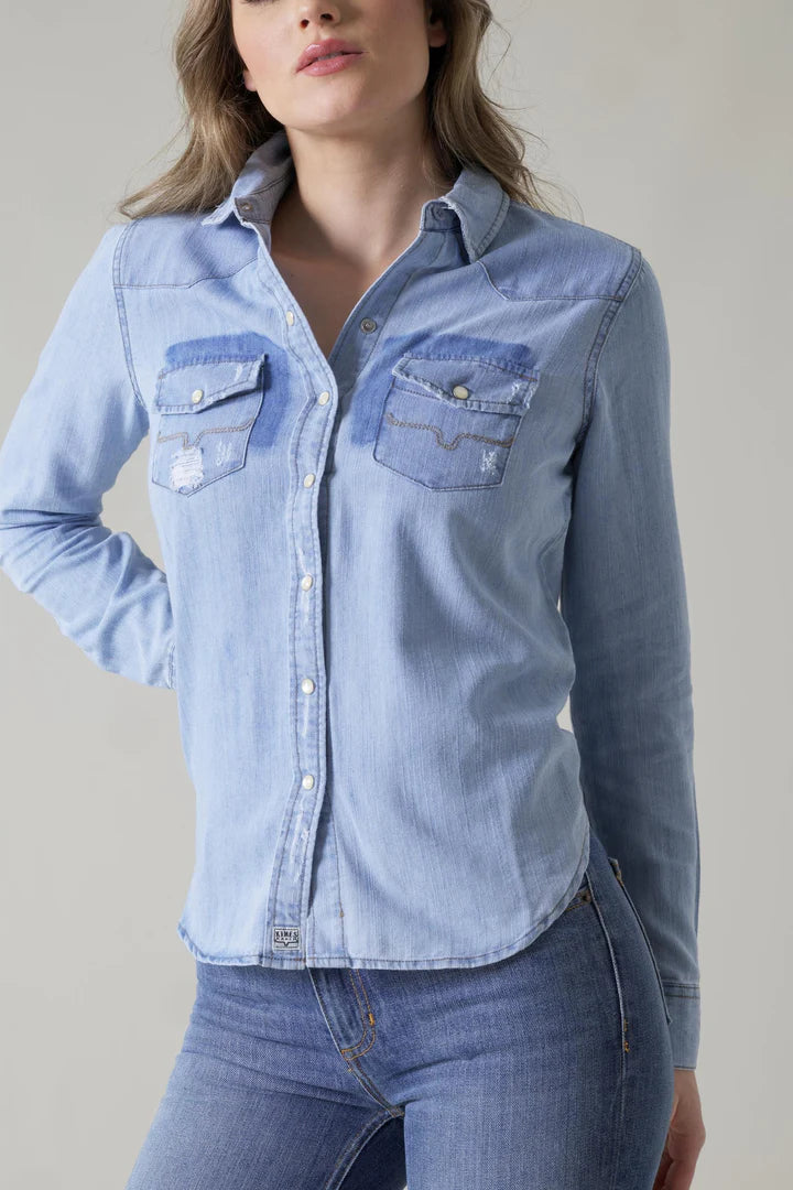 Kimes Ranch Kaycee Denim Destroy Wash Long Sleeve Shirt-- Ribbed T-Shirt High Neck Heavyweight Kimes Ranch Kaycee Denim Destroy Wash Long Sleeve Shirt-- Ribbed T-Shirt High Neck Heavyweight