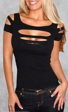 Fashion Ladies Womans Ripped,Slashed Black Tight T Shirt Top Clubwear Cut out Tee Club Goth Punk Rave-- Casual Formal Business Fashion Ladies Womans Ripped,Slashed Black Tight T Shirt Top Clubwear Cut out Tee Club Goth Punk Rave-- Casual Formal Business