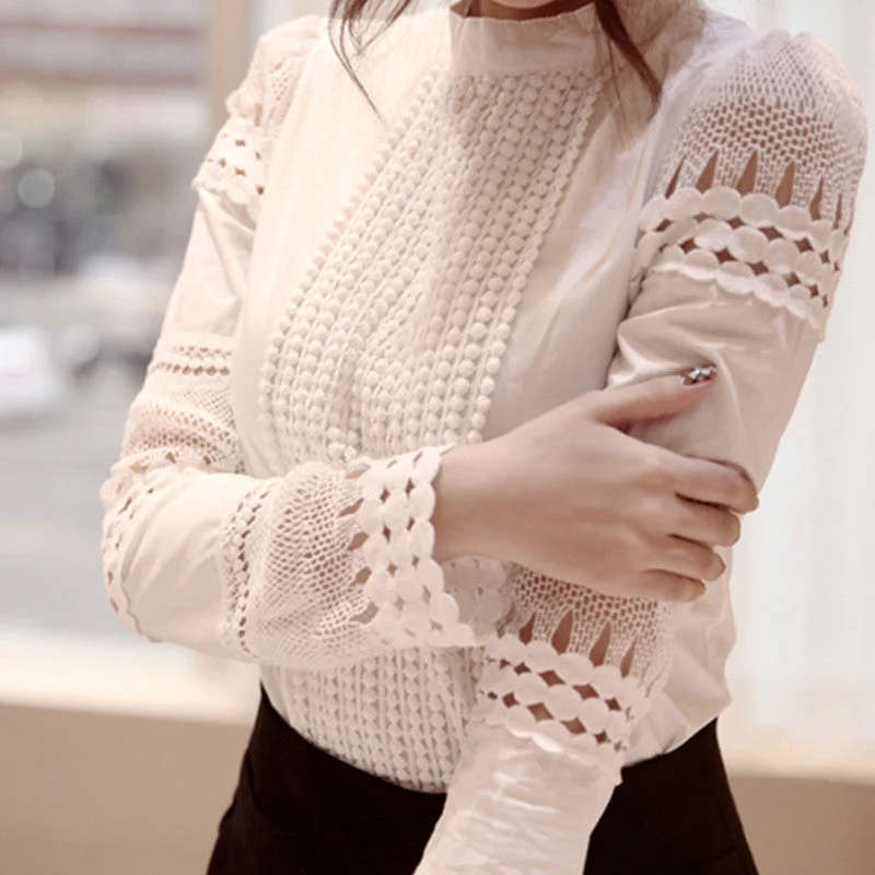 Fashion Women Blouse Elegant Long Sleeve White Cotton Slim Crochet Hollow Lace Shirt Female-- Hooded Caped Shawl Collar Fashion Women Blouse Elegant Long Sleeve White Cotton Slim Crochet Hollow Lace Shirt Female-- Hooded Caped Shawl Collar