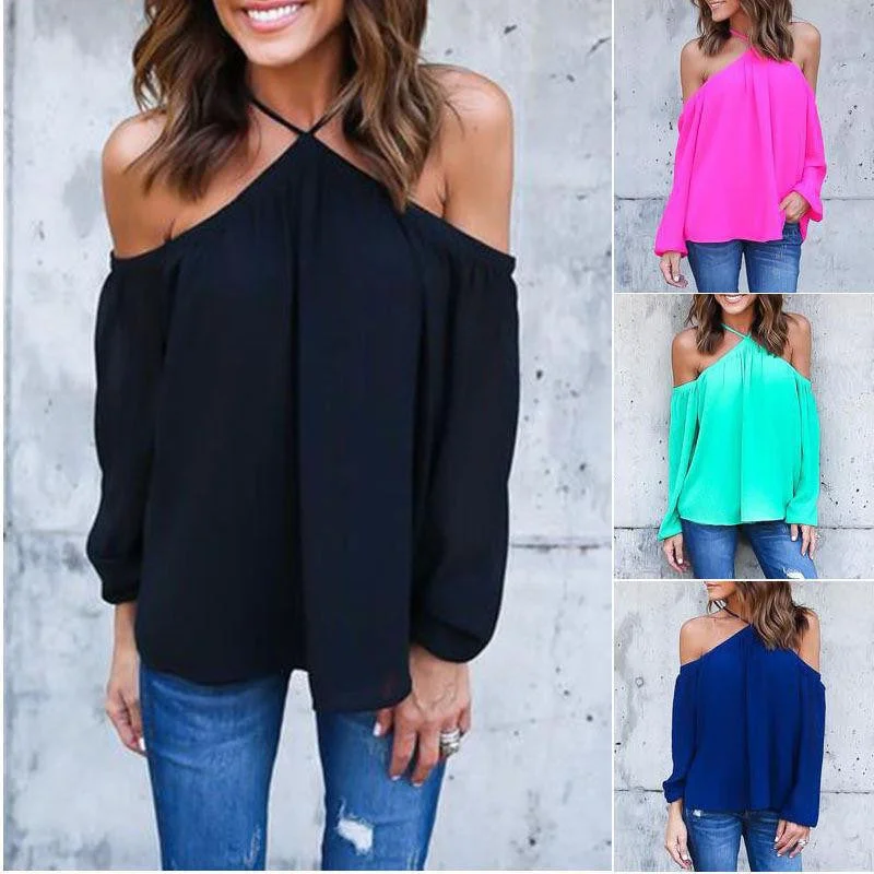 Women Chiffon Halter Blouse Black White Casual Long Sleeve Off Shoulder Loose Club Party Tops Shirts Plus Size-- Solid Color Striped Floral Women Chiffon Halter Blouse Black White Casual Long Sleeve Off Shoulder Loose Club Party Tops Shirts Plus Size-- Solid Color Striped Floral