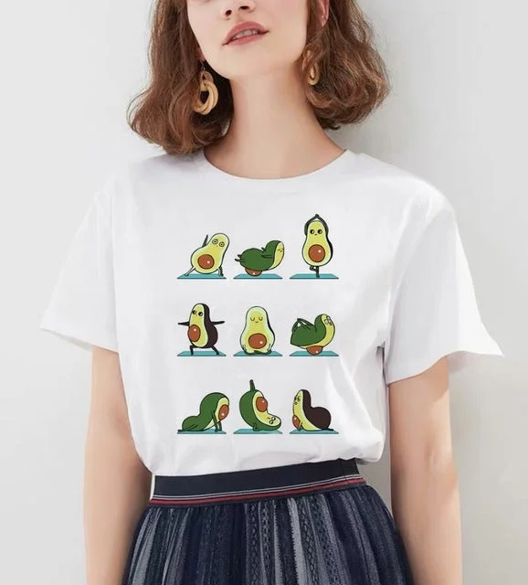 Women's Cartoon Avocado Print Tshirts Harajuku T Shirt O-Neck Clothing Cartoon Print Casual Short Sleeve Streetwear Clothes-- Welt Pockets Slit Pockets Flap Pockets