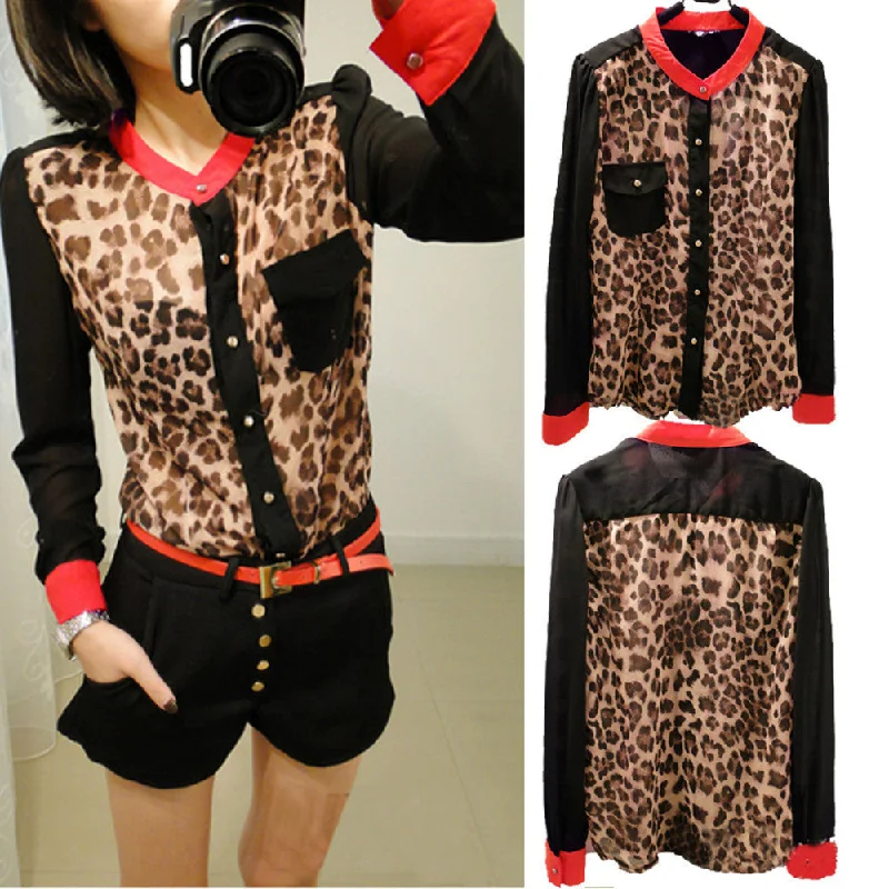 Hot Sale shirt women clothing 2015 New Fashion women blouse Chiffon Blouse Long Sleeve pocket Leopard patchwork shirt-- Beaded Sequined Faux Fur Hot Sale shirt women clothing 2015 New Fashion women blouse Chiffon Blouse Long Sleeve pocket Leopard patchwork shirt-- Beaded Sequined Faux Fur