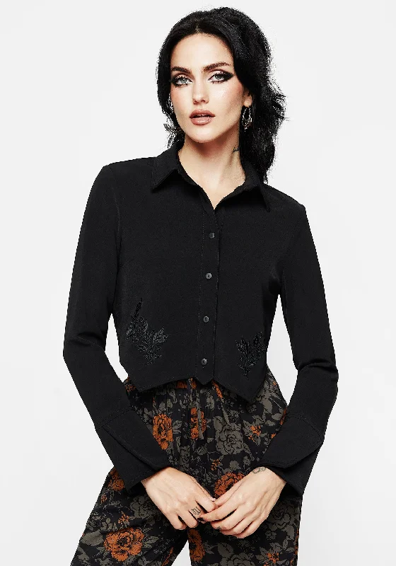 Linden Embroidered Crop Shirt-- Spandex Blend Rayon Blend Denim Blend