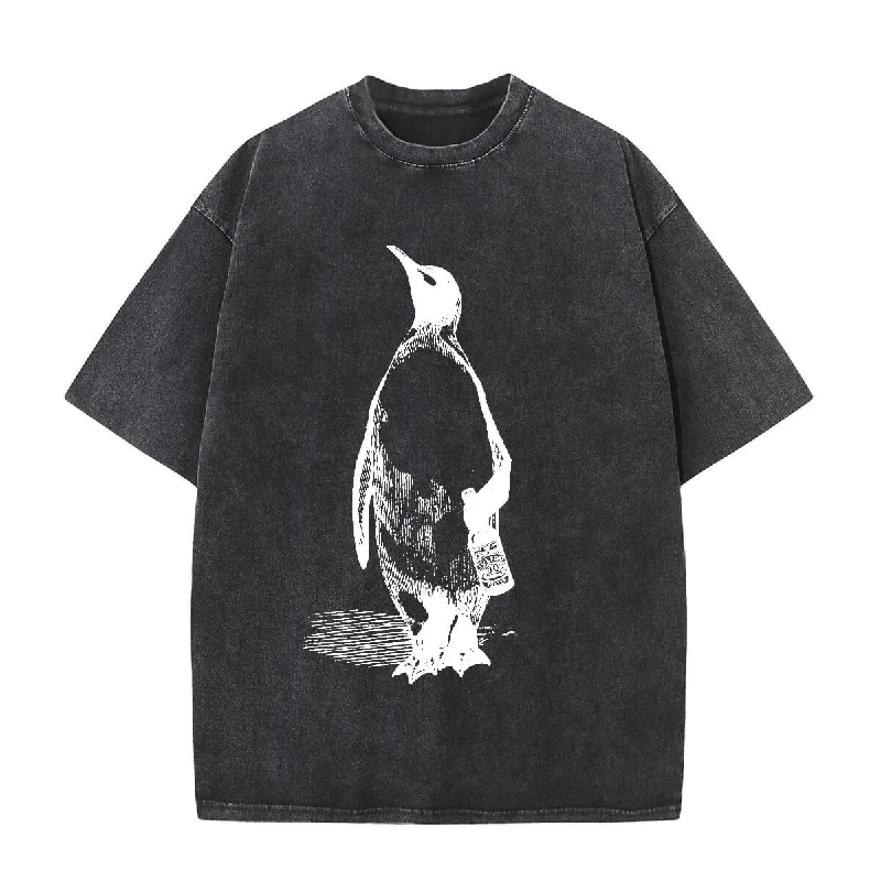 Vintage Washed Penguin Drinking Beer T-shirt-- Graphic T-Shirt Round Neck Polyester