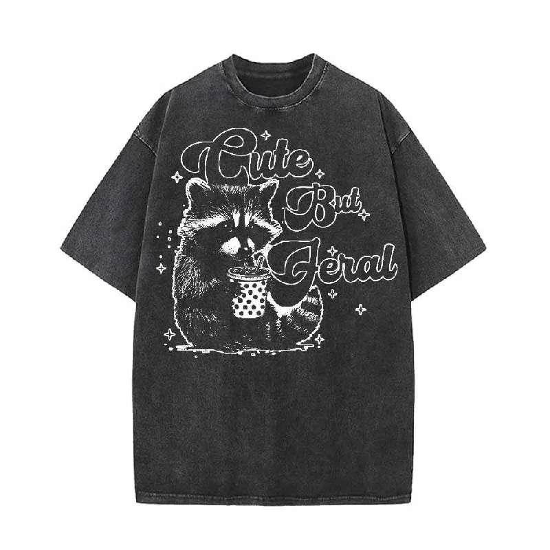 Cute But Feral Raccoon Funny Vintage Washed T-shirt-- Anti-Shrink Durable Soft