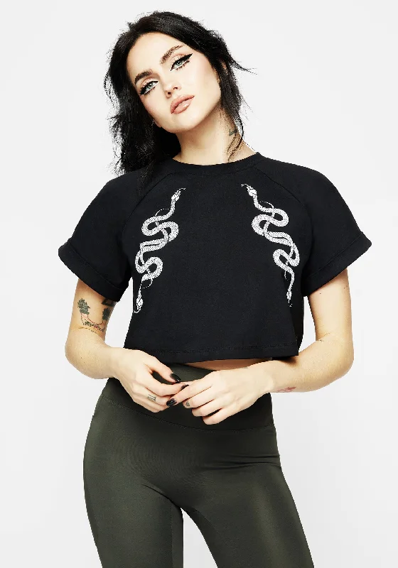 Venin Snake Athleisure Boxy Crop T-Shirt-- Cashmere Blend Cotton Blend Poly Blend