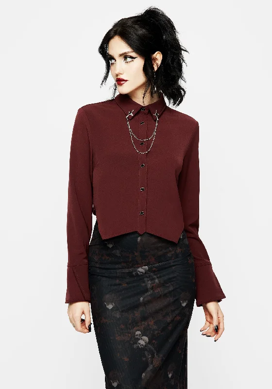 Resurrection Cross Chain Collared Crop Shirt-- Welt Pockets Slit Pockets