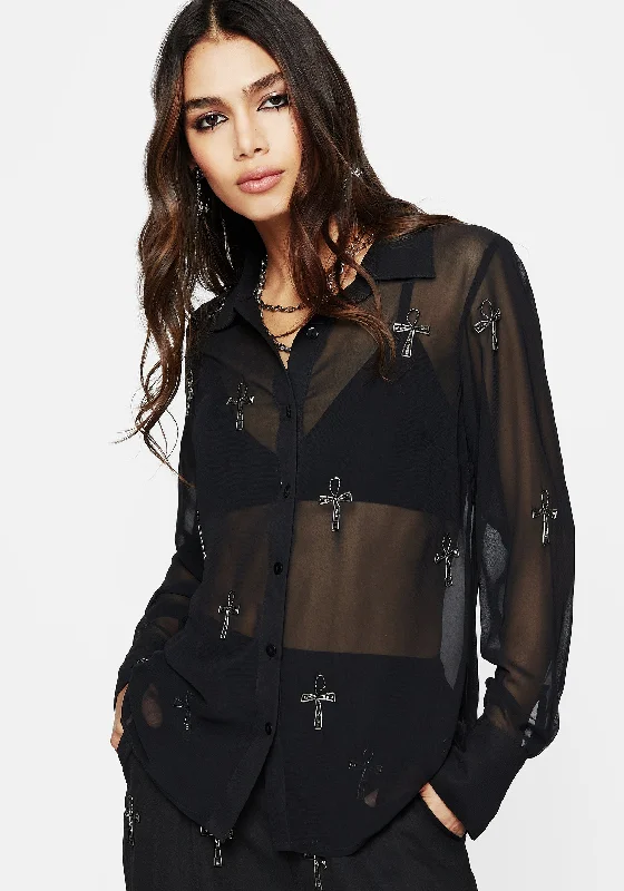 Ankh Beaded Chiffon Button Up Shirt-- Fleece Nylon Spandex
