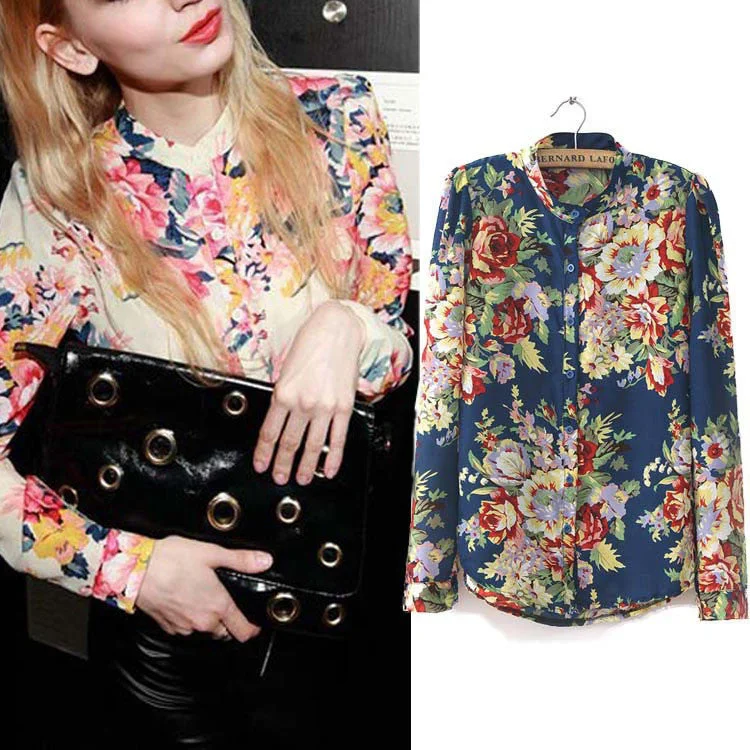 Hot Sale Fashion Vintage Floral Print Pattern Chiffon Blouse Women Long Sleeve Shirt Tops-- Fashionable Trendy Casual Hot Sale Fashion Vintage Floral Print Pattern Chiffon Blouse Women Long Sleeve Shirt Tops-- Fashionable Trendy Casual