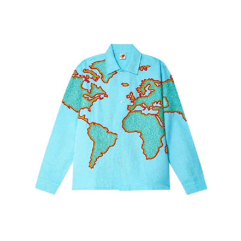 World Map Embroidered Shirt Woven (Blue)-- V-Neck T-Shirt Long Sleeve Cotton