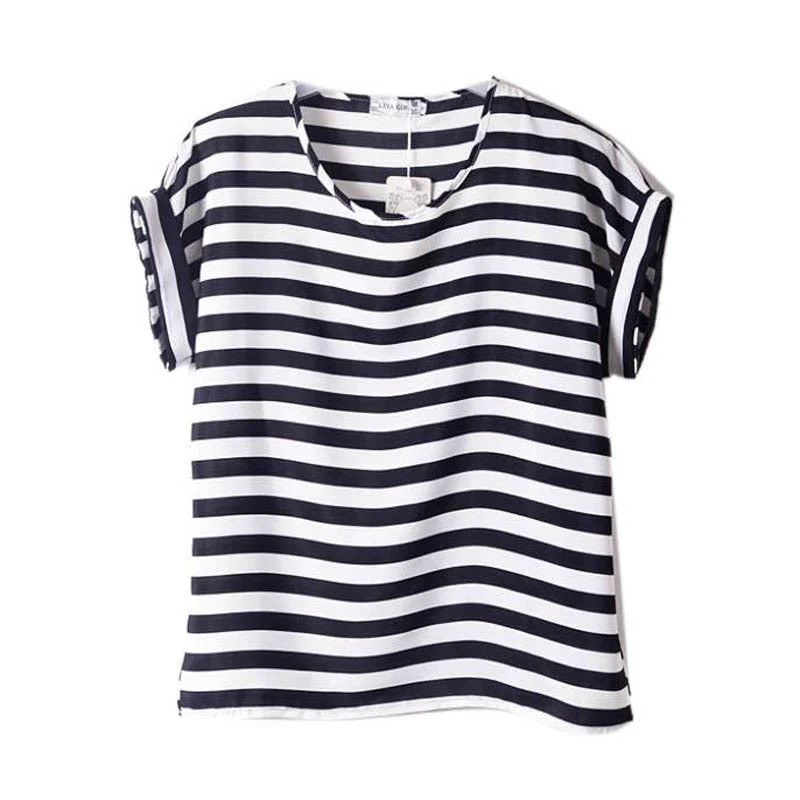 Chiffon T-Shirts Ladies Loose Short Sleeve Shirts Striped Heart Lip Tops Batwing Sleeve-- Asymmetrical Pockets Print
