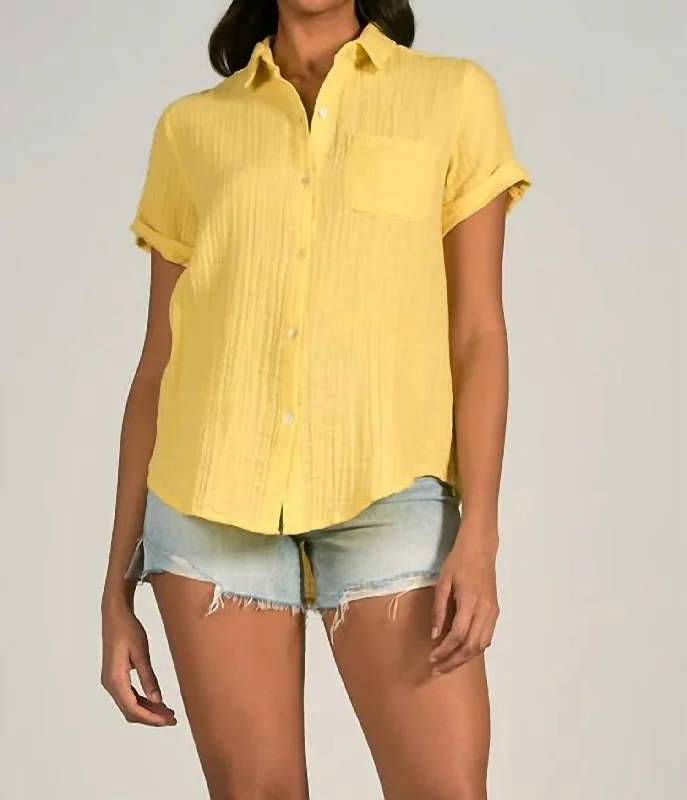 Short Sleeve Collar Button Down Shirt In Yellow-- Embroidered Appliqued Beaded
