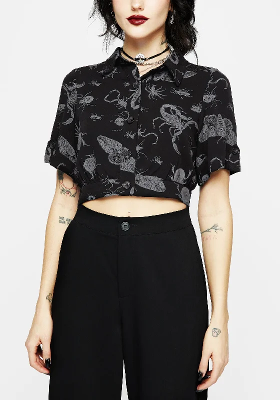 Parasite Bugs Short Sleeve Crop Shirt - Black-- Front Pockets Side Pockets Patch Pockets