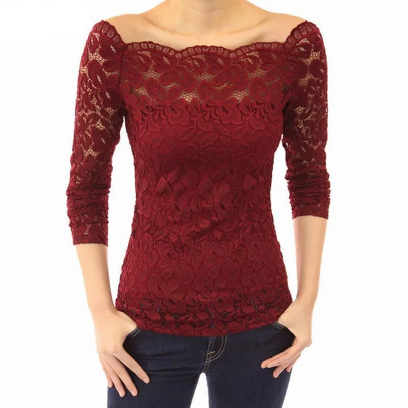 Lace Blouse Women Off Shoulder Slash Neck Crochet Solid Shirts Long Sleeve Slim Casual Tops Plus Size-- Mesh Blend Leather Blend Suede Blend Lace Blouse Women Off Shoulder Slash Neck Crochet Solid Shirts Long Sleeve Slim Casual Tops Plus Size-- Mesh Blend Leather Blend Suede Blend