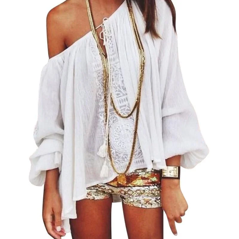Women Boho Loose Tops Off Shoulder Long Sleeve White Shirt Lace Blouse-- Striped Floral Plaid Women Boho Loose Tops Off Shoulder Long Sleeve White Shirt Lace Blouse-- Striped Floral Plaid