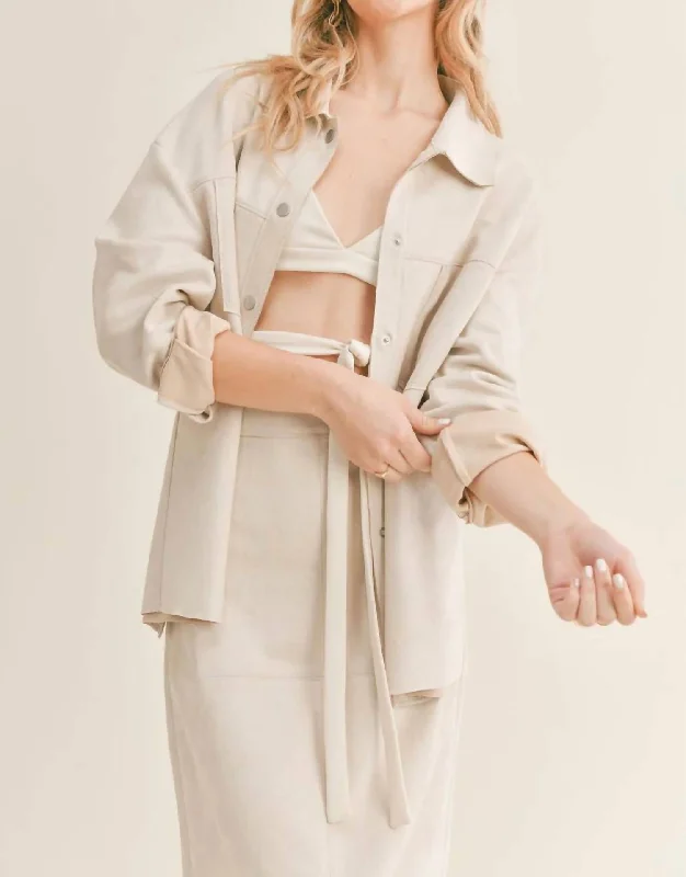 The Gallery Suede Oversized Shirt In Tan-- Cashmere Blend Cotton Blend Poly Blend