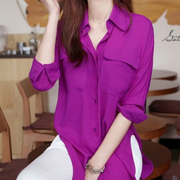 Fashion Women Blouse Long Sleeve Chiffon Shirt Turn-down Collar Casual Loose Tops-- Mesh Blend Leather Blend Suede Blend Fashion Women Blouse Long Sleeve Chiffon Shirt Turn-down Collar Casual Loose Tops-- Mesh Blend Leather Blend Suede Blend
