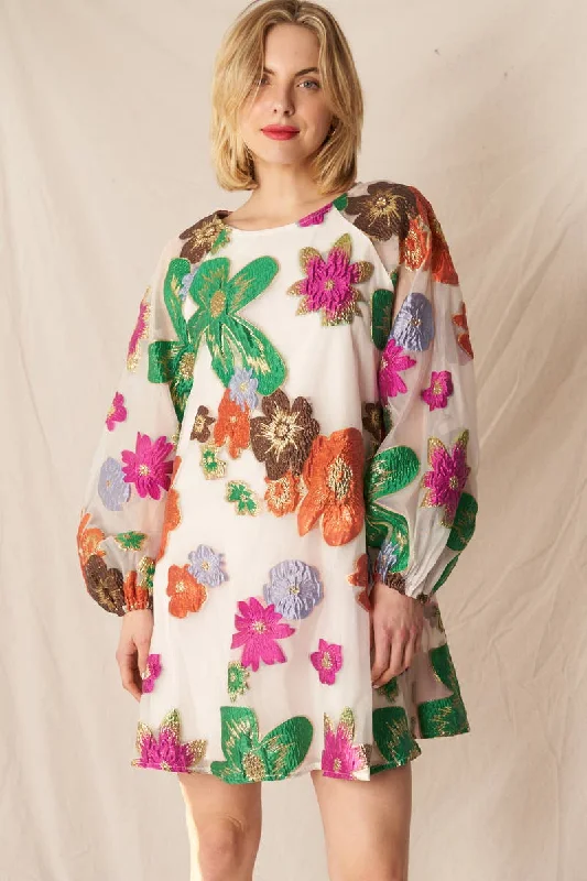 Floral Organza Bubble Sleeve Mini Dress Stylish Puff Sleeve Mini Dress