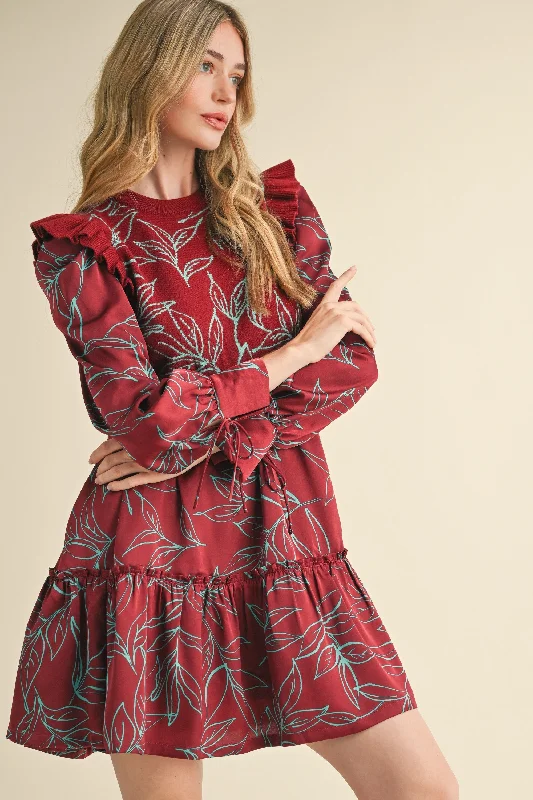 Plum Leaf Print Mixed Media Mini Dress Fashionable Summer Mini Dress